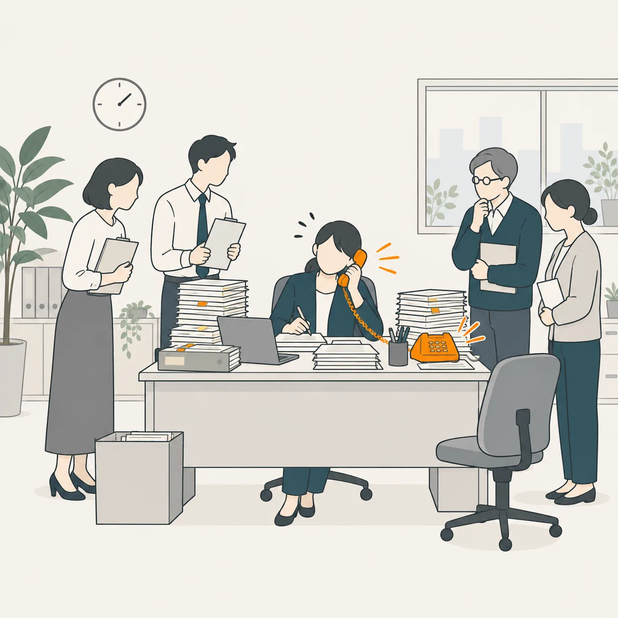 電話・書類・質問に囲まれて手が回らない社長の図