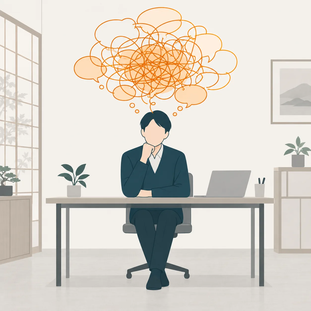 静かな机で、頭の上に考えが絡まっている社長の図