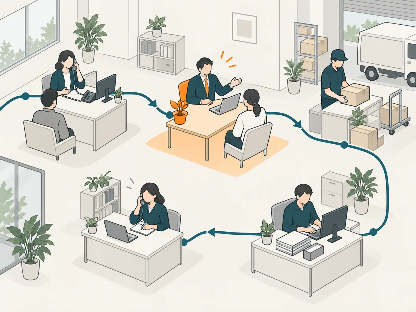 お客様との接点から発送までの業務が、一本の線でつながっている図