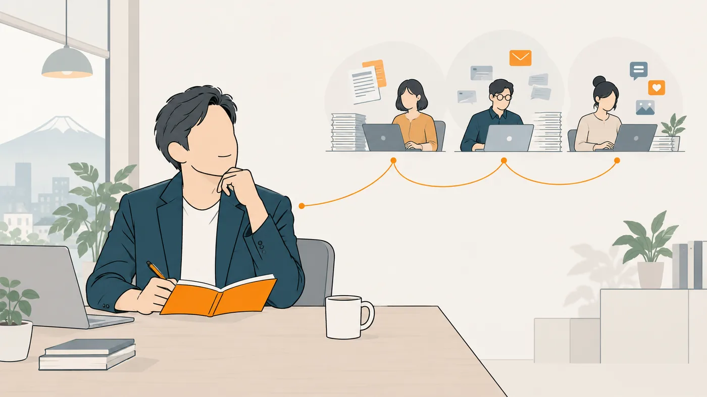 社長が落ち着いて考えごとをしている間に、事務の仕事をチームが引き取って進めている図